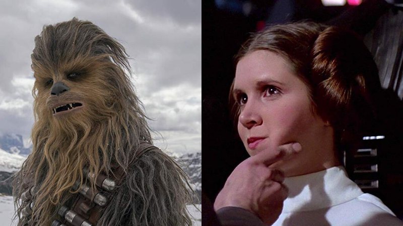 Joonas Suotamo como Chewbacca e Carrie Fisher como Leia (Foto 1: Reprodução | Foto 2: Reprodução)