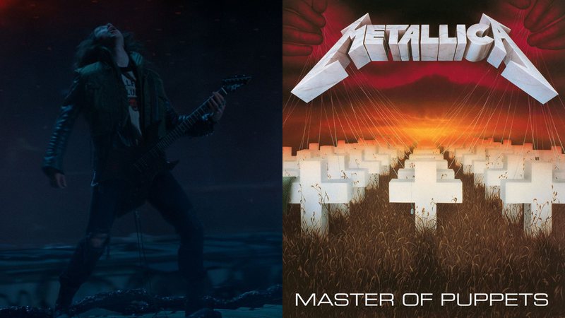 Joseph Quinn em Stranger Things (Foto: Cortesia da Netflix) e capa de Master Of Puppets do Metallica (Foto: Reprodução)