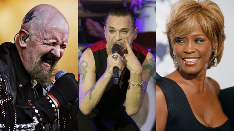 Montagem com Judas Priest (Foto: Carsten Snejbjerg/AP Images), Depeche Mode (Soeren Stache/picture-alliance/dpa/AP Images) e Whitney Houston (AP Photo/Matt Sayles)