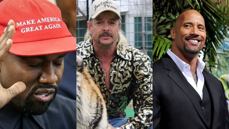 Kanye West, Joe Exotic e Dwayne 'The Rock' Johnson (foto: Getty Images/ Oliver Contreras/ Netflix)