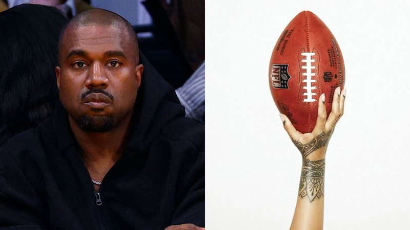 Kanye West (Foto: Ronald Martinez/Getty Images) e Rihanna no Super Bowl 2023 (Foto: Divulgação)