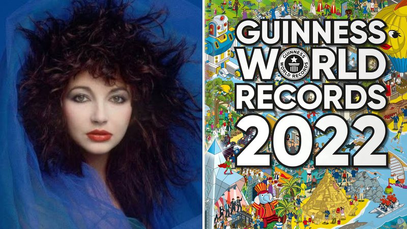 Kate Bush (Foto: Reprodução) e capa do Guinness World Records 2022 (Foto: Divulgação)