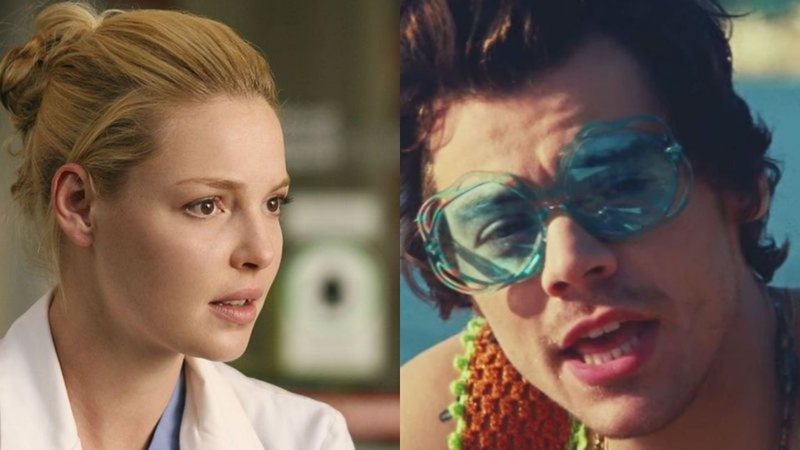 Katherine Heigl como Izzie Stevens (Foto: Reprodução) e Harry Styles no videoclipe de Watermelon Sugar (Foto: Reprodução/Youtube)