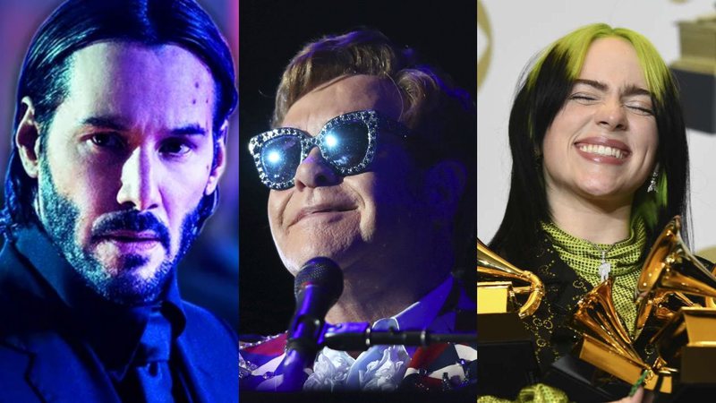 Keanu Reeves em John Wick, Elton John e Billie Eilish (foto: reprod Lionsgate/ Matt Sayles/ Invision/ AP/ Chris Pizzello/ AP)