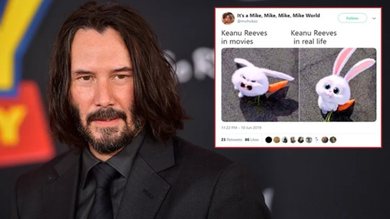 Meme: "Keanu Reeves nos filmes / Keanu Reeves na vida real"  (foto: Reprodução)