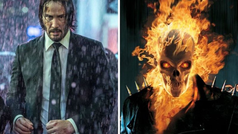 Keanu Reeves em ação em John Wick 3: Parabellum (Foto: Divulgação) e Motoqueiro Fantasma (Foto: Divulgação)