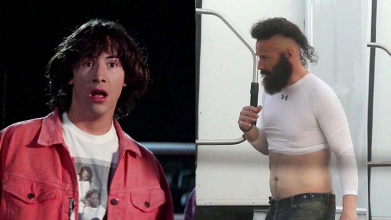 Keanu Reeves em Bill e Ted de 1989 (esquerda) e em 2019 (direita) (Foto 1: Reprodução e Foto 2: Reprodução/Twitter)