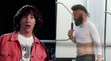 Keanu Reeves em Bill e Ted de 1989 (esquerda) e em 2019 (direita) (Foto 1: Reprodução e Foto 2: Reprodução/Twitter)