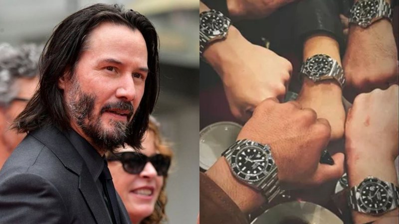 Montagem de Keanu Reeves (Emma McIntyre/Getty Images) e presentes para dublês (Foto: Reprodução)