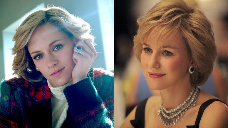 Kristen Stewart em Spencer e Naomi Watts em Diana (Fotos: Divulgação)