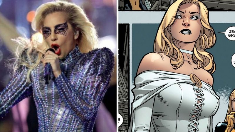 Lady Gaga se apresenta no Superbowl Halftime Show 2017 (Foto: Ronald Martinez/Getty Images) e Emma Frost nos quadrinhos (Foto: Reprodução/Marvel)