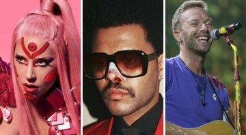 Lady Gaga (Foto: Divulgação / Universal), The Weeknd (Foto: Reprodução/Instagram) e Chris Martin, vocalista do Coldplay (Foto: Brent N. Clarke/Invision/AP)