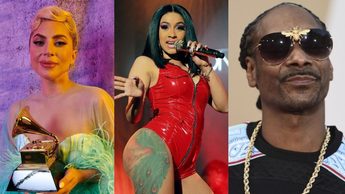 Lady Gaga (Foto: Divulgação), Cardi B (Foto: Rich Fury / Correspondente) e Snoop Dogg. (Foto: GettyImage)