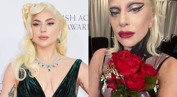 Lady Gaga em tapete vermelho (Foto: Getty Images) e no pedido de desculpas (Foto: Reprodução/ Instagram/ @ladygaga)