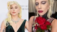 Lady Gaga em tapete vermelho (Foto: Getty Images) e no pedido de desculpas (Foto: Reprodução/ Instagram/ @ladygaga)