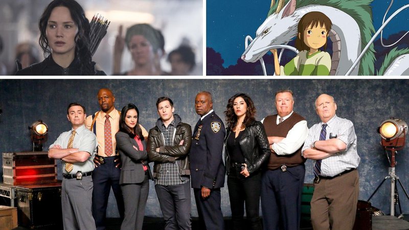 Jogos Vorazes - Esperança (acima, esq.), A Viagem de Chihiro (acima, dir.) e Brooklyn Nine-Nine (abaixo) (Fotos: Divulgação / Netflix)