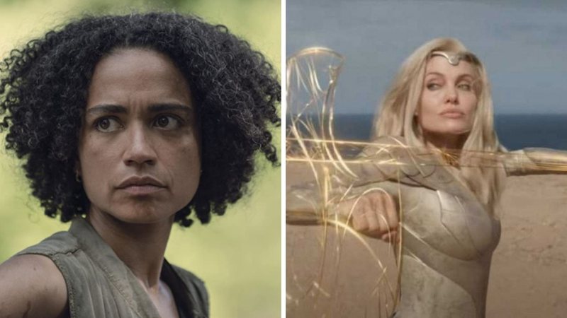 Lauren Ridloff (Foto: Divulgação/Reprodução/AMC) Angelina Jolie em trailer de Eternos (Foto: Reprodução/YouTube)