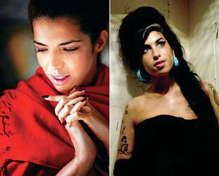 À esquerda, Vanessa da Mata, dona da música número 1 brasileira: à direita, Amy Winehouse, que encabeça a lista gringa com "Rehab"