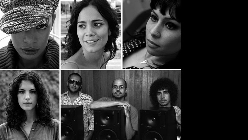 Em sentido horário, Thalma de Freitas, Alice Braga, Pitty, o trio Dengue, Rica Amabis e Pupillo, e a cantora Céu - Divulgação