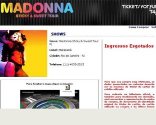 Madonna esgotada: mensagem surgiu brevemente em site de venda de ingressos - Reprodução