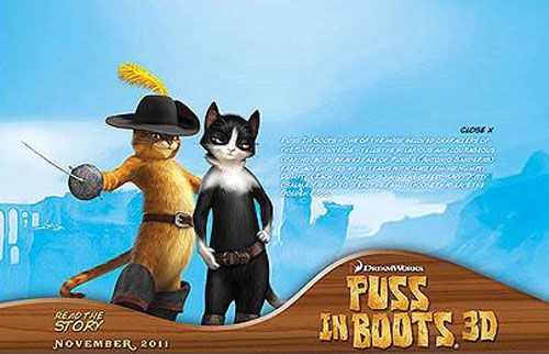 <i>Puss in Boots</i> chega aos cinemas em novembro de 2011; imagem da home do site oficial criado apresenta dois dos personagens do filme - Reprodução