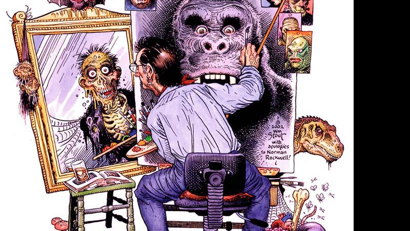 Autorretrato
William Stout por ele mesmo, cercado de suas criaturas favoritas: dinossauros, zumbis e os ilustres King Kong, Drácula e Frankenstein, satirizando uma ilustração de Norman Rockwell