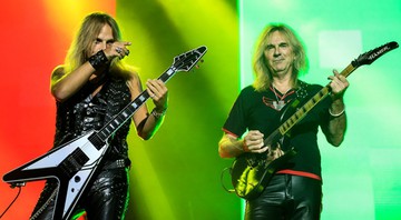 O Judas Priest durante show no Monsters of Rock 2015. Com a apresentação alongada devido ao cancelamento do Motorhead, a banda é a primeira grande atração do evento e abre caminho para o encerramento do primeiro dia com Ozzy Osbourne. - Gustavo Vara 