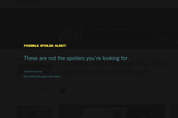 Página do serviço anti-spoiler do Chrome para <i>Star Wars: Episódio VII – O Despertar da Força</i> - Reprodução