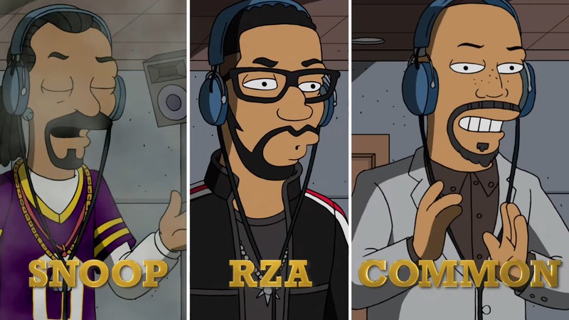 Snoop Dogg, RZA, Common em cena do trailer do episódio de <i>Os Simpsons</i> temático de hip-hop - Reprodução/Vídeo