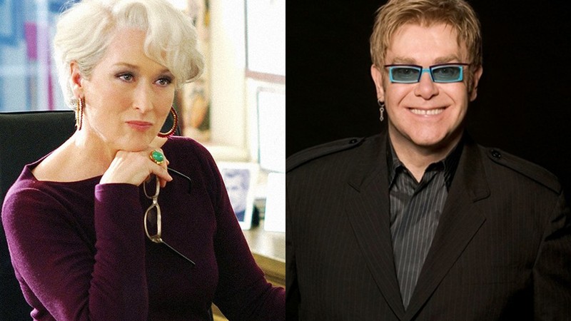 Meryl Streep em <i>O Diabo Veste Prada</i> e Elton John - Reprodução/Divulgação