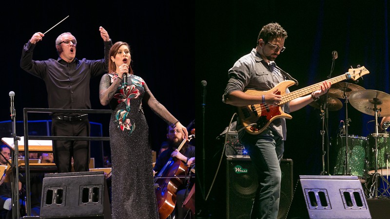 O maestro titular Edilson Ventureli da Orquestra Juvenil de Heliópolis, a cantora Pitty e Fernando Molinari, do Fernando Molinari Trio, no encerramento do Samsung E-Festival - Divulgação