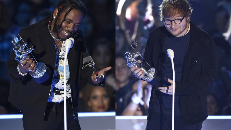 Kendrick Lamar e Ed Sheeran no VMA 2017 - Chris Pizzello/Invision/AP; 	Matt Sayles/Invision/AP