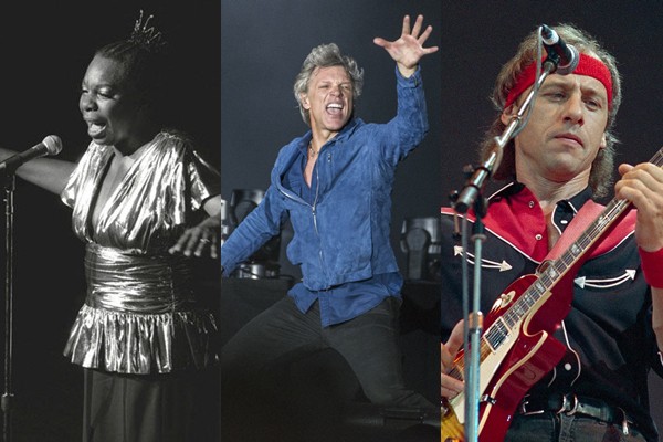 Nina Simone, Jon Bon Jovi e Mark Knopfler, do Dire Straits - AP/Estácio/Divulgação