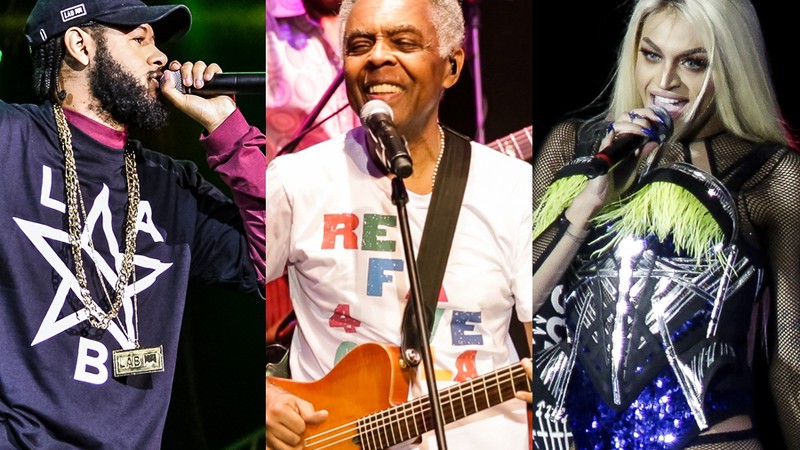 Emicida, Gilberto Gil e Pabllo Vittar estão no line-up da edição de 20 anos do festival goiano Bananada - Joshua Bryan/Denilson Santos/AgNews/Paola Alfamor/ Luciano Belford/AGIF/AP