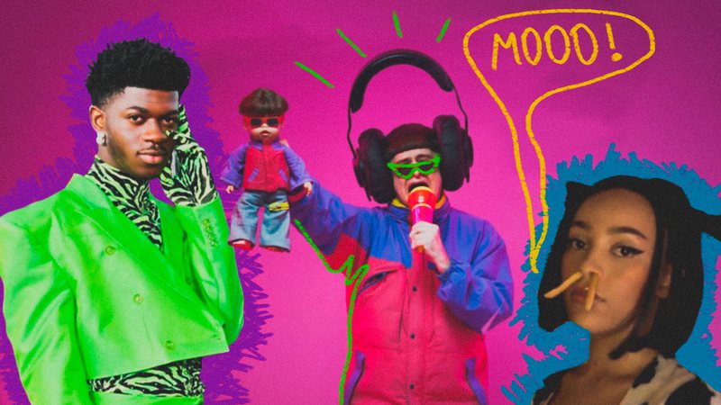 Arte: Julia Harumi Morita. Montagem com Lil Nas X (Foto: Reprodução / Instagram), Oliver Tree (Foto: Reprodução / Youtube) e Doja Cat (Foto: Reprodução / Youtube)