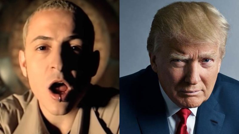 Clipe de "In The End", do Linkin Park (Foto: YouTube / Reprodução) e Donald Trump (Foto: Mark Seliger)