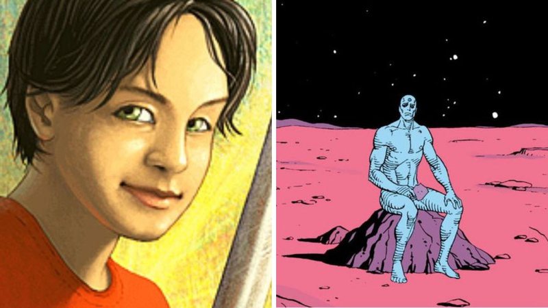 Percy Jackson ilustrado no livro Os Arquivos Semideuses (Foto: Divulgação) e Dr. Manhattan em Watchmen (Foto: Reprodução)