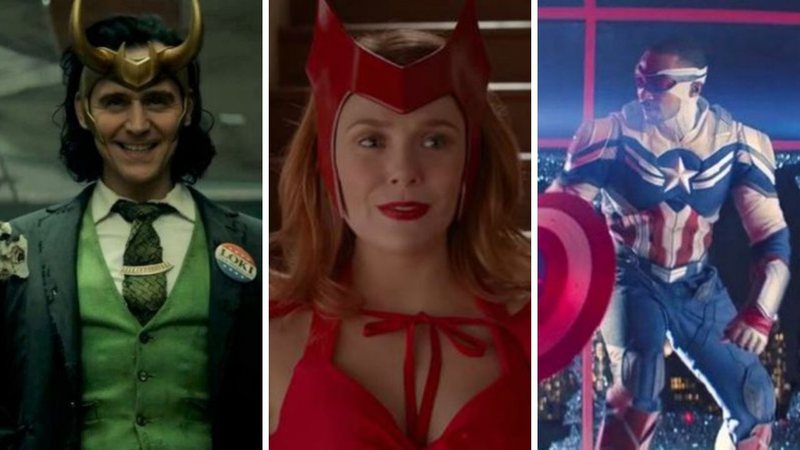 Tom Hiddleston no trailer de Loki (Foto: Reprodução/YouTube), Elizabeth Olsen como Wanda no episódio "Um Halloween Assustadoramente Inédito" (Foto: Reprodução/Disney+) e Anthony Mackie como Capitão América (Foto: Reprodução/Disney+)