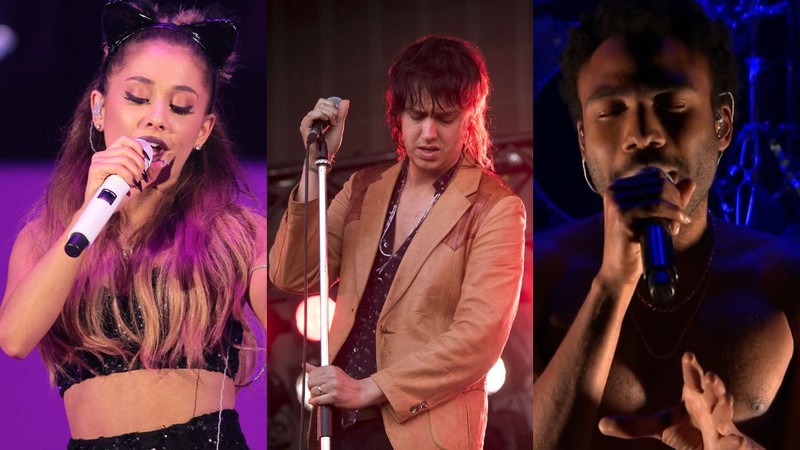 Ariana Grande, Julian Casablancas e Childish Gambino (Foto 1: Quarterflash/Vantage News, Foto 2: AP Images, Foto 3: Reprodução)