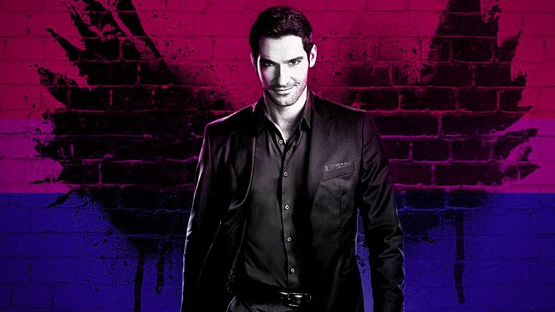 Montagem de Lucifer Morningstar e a bandeira bissexual (Foto: Divulgação/ Netflix | Montagem: Larissa Catharine Oliveira)