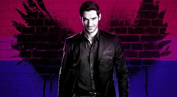 Montagem de Lucifer Morningstar e a bandeira bissexual (Foto: Divulgação/ Netflix | Montagem: Larissa Catharine Oliveira)