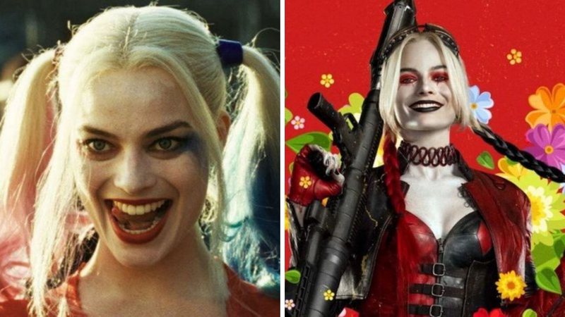 Margot Robbie como Arlequina em 2016 (Foto: Reprodução/ Warner) e pôster da personagem em O Esquadrão Suicida (Foto: Divulgação)