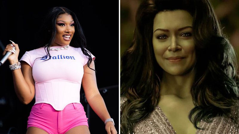 Megan Thee Stallion (Foto: Rich Fury / Getty Images) e Tatiana Maslany como Mulher-Hulk (Foto: Reproduçãi / Disney+)