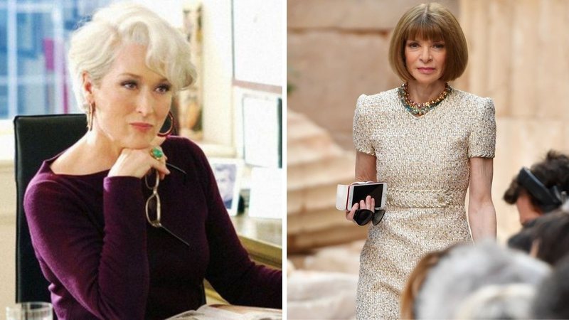 Meryl Streep como Miranda Priestly em O Diabo Veste Prada (Foto: Divulgação) e Anna Wintour (Foto: Pascal Le Segretain/Equipe)