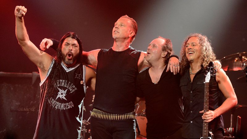 Robert Trujillo, James Hetfield, Lars Ulrich e Kirk Hammett formam o Metallica (Foto: Frazer Harrison/Getty Images)