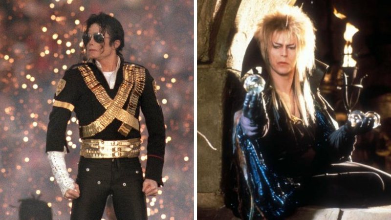 Michael Jackson no Superbowl (foto: Getty Images/ George Rose) e David Bowie em Labirinto - A Magia do Tempo (Foto: Reprodução/Lucasfilm)