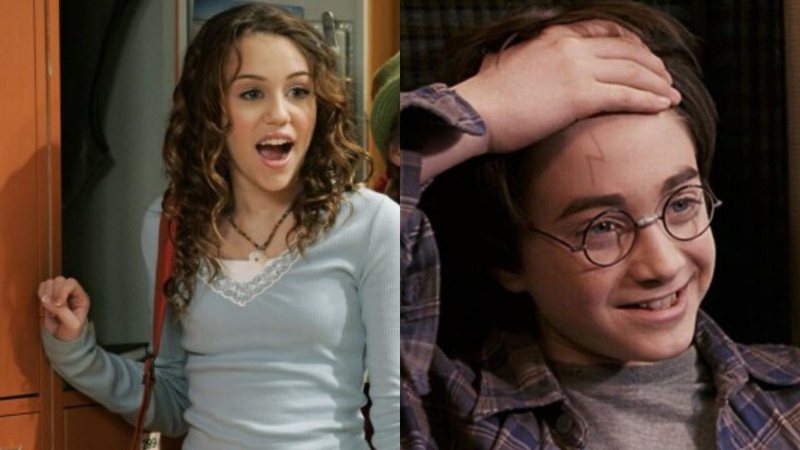 Miley Cyrus em Hannah Montana (Foto: Reprodução) e Daniel Radcliffe em Harry Potter e A Pedra Filosofal (Foto: Reprodução)