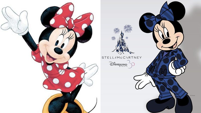 Minnie Mouse com o clássico vestido vermelho e, em seguida, com terninho azul e preto (Foto: Reprodução /Twitter)