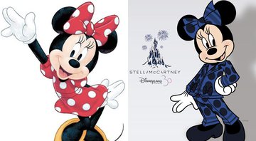 Minnie Mouse com o clássico vestido vermelho e, em seguida, com terninho azul e preto (Foto: Reprodução /Twitter)