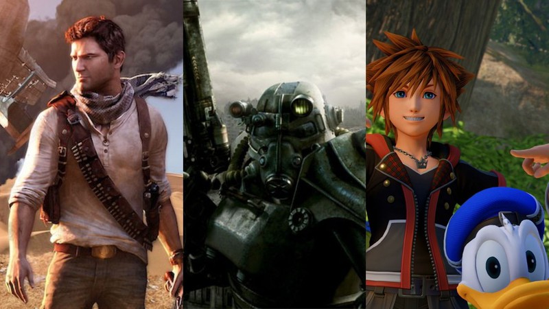 Uncharted 3, Fallout 3 e Kingdom Hearts 3 (Imagem: Divulgação)